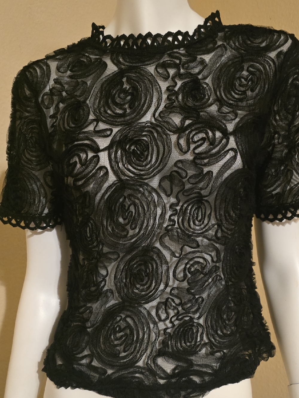 Sheer Black Rosette Lace Short Sleeve Blouse